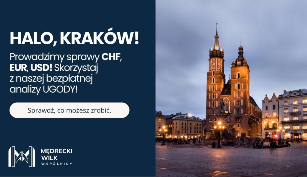 Wieczorny widok na Kościół Mariacki w Krakowie. Obok na granatowym tle tekst: „Halo, Kraków! Prowadzimy sprawy CHF, EUR, USD! Skorzystaj z naszej bezpłatnej analizy UGODY!” oraz przycisk „Sprawdź, co możesz zrobić.” W lewym dolnym rogu logo kancelarii Mędrecki Wilk i Wspólnicy.