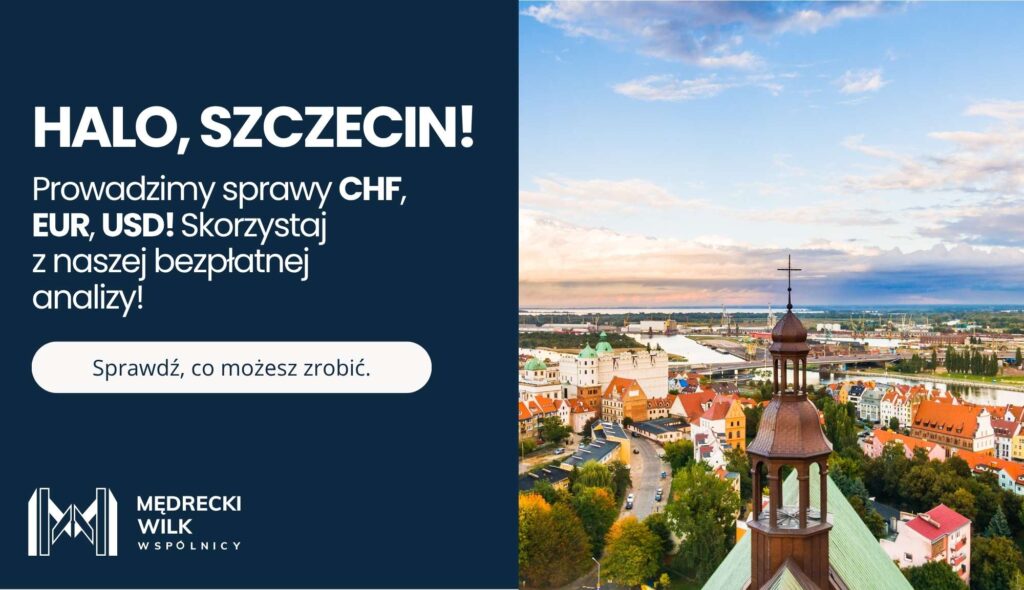 kredyt-we-frankach-szczecin – Kancelaria Mędrecki Wilk i Wspólnicy Zdjęcie Szczecina z lotu ptaka i napisem „Halo, Szczecin! Prowadzimy sprawy CHF, EUR, USD! Skorzystaj z naszej bezpłatnej analizy!” na granatowym tle.