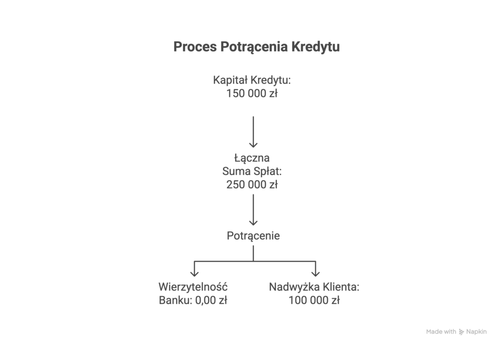 proces-potracenia-kredytu – Kancelaria Mędrecki Wilk i Wspólnicy  Schemat przedstawiający proces potrącenia kredytu frankowego. Kapitał kredytu wynosi 150 000 zł, suma spłat klienta to 250 000 zł. Po dokonaniu potrącenia wierzytelność banku spada do 0 zł, a po stronie klienta pozostaje nadwyżka w wysokości 100 000 zł.