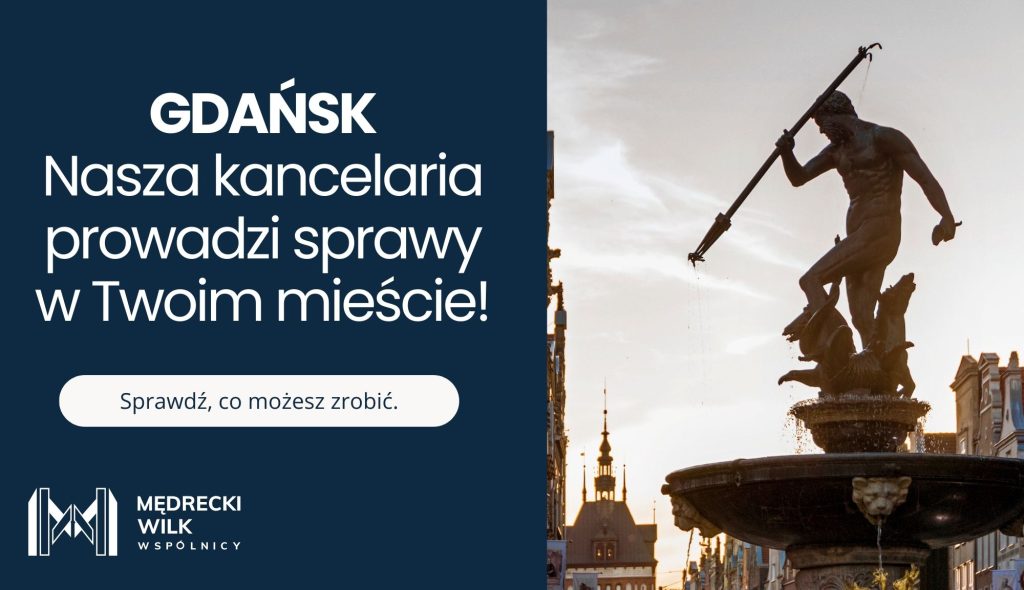 Reklama kancelarii frankowej: napis ‘GDAŃSK – Nasza kancelaria prowadzi sprawy w Twoim mieście! Sprawdź, co możesz zrobić.’ W tle fontanna Neptuna na Długim Targu.