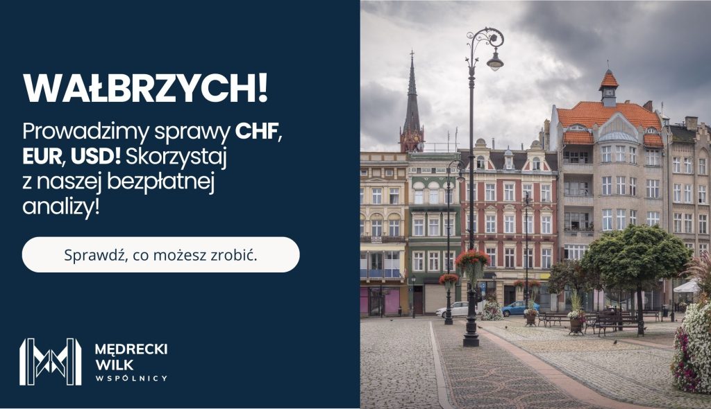Reklama kancelarii frankowej w Wałbrzychu – napis informacyjny o sprawach CHF, EUR, USD oraz zdjęcie rynku z kolorowymi kamienicami.