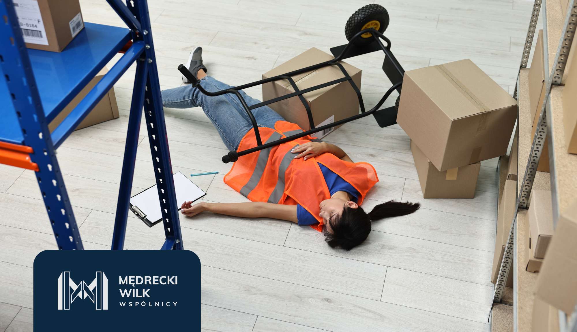 Wypadek w pracy, kobieta pod wózkiem na paczki