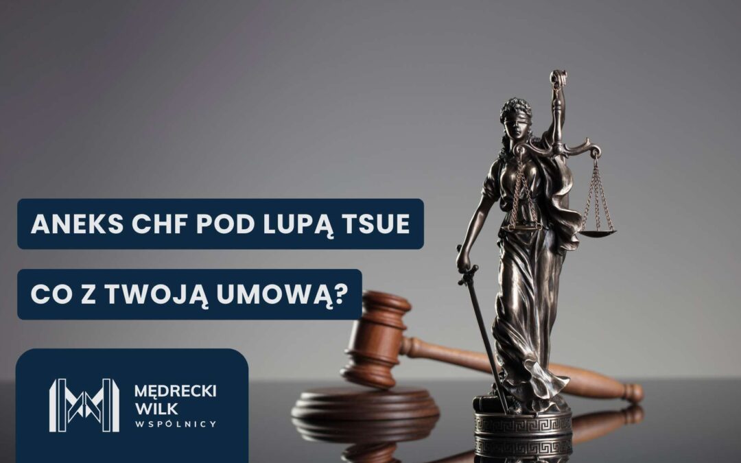 Temida i młotek sędziowski, napis " Aneks CHF pod lupą TSUE, Co z Twoją umową?"