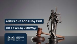 Temida i młotek sędziowski, napis " Aneks CHF pod lupą TSUE, Co z Twoją umową?"