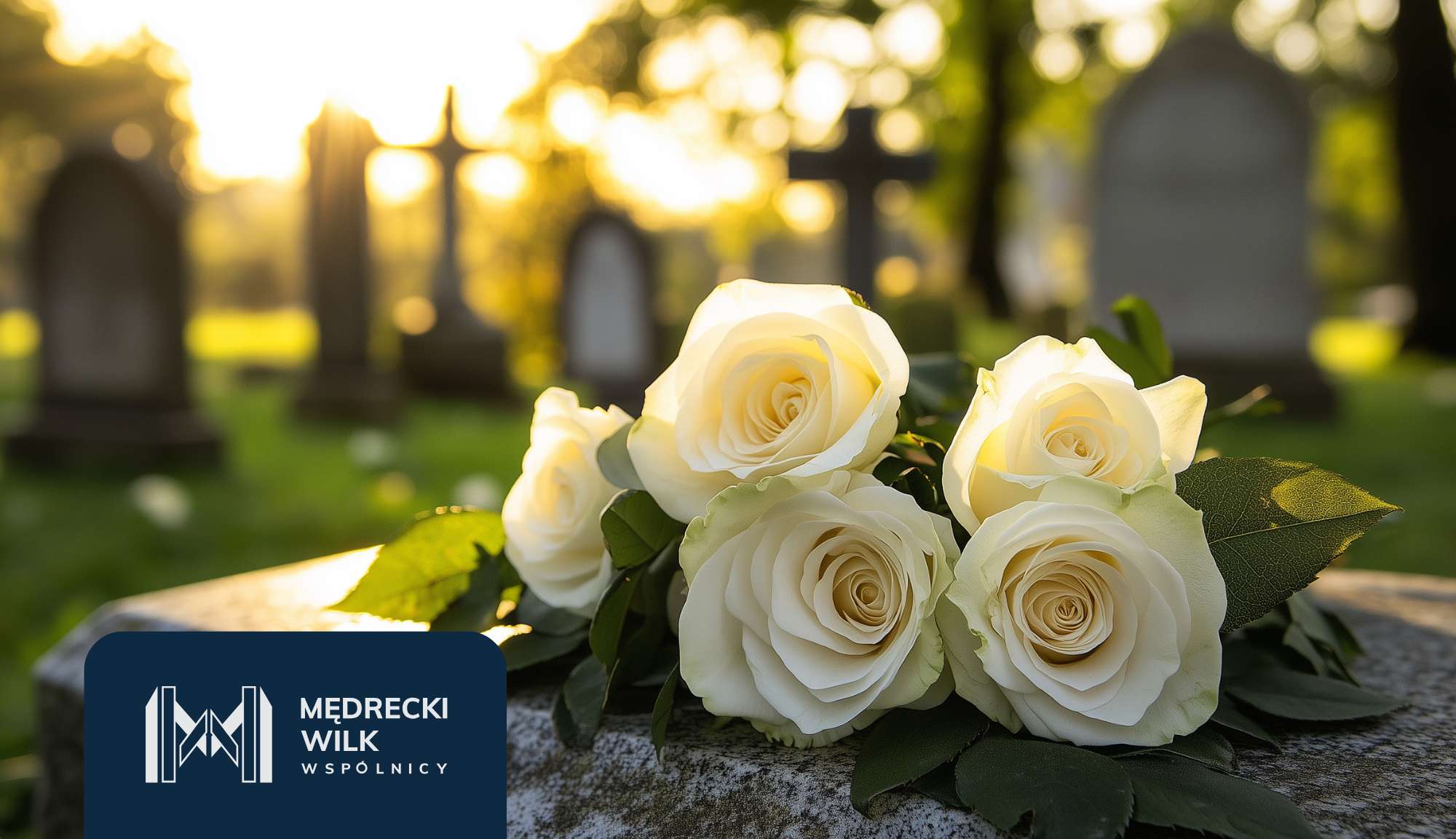 White rose bouquet resting on a grave marker in a sunlit cemetery, soft bokeh in the background.
