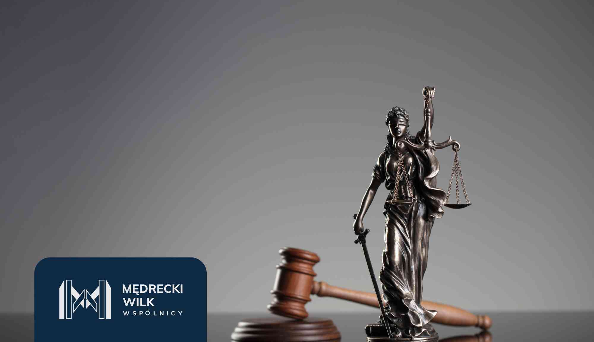 Statue of Lady Justice holding scales and a sword, with a wooden gavel in the foreground against a gray gradient background, (branding partially visible).