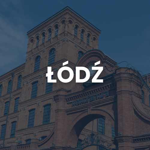White 'ŁÓDŹ' logo overlay on a historic brick building, branding for the city of Łódź, Poland.