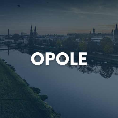 Opole city riverfront skyline with bold 'OPOLE' text overlay