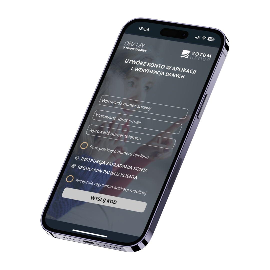 Tilted smartphone showing a Polish account creation screen with fields for case number, email, phone, and a 'Wyślij kod' button.
