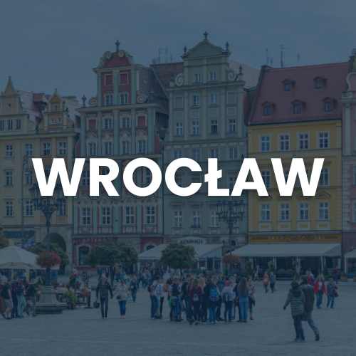 Colorful townhouses along Wrocław's Market Square with people gathered in the plaza, the word WROCŁAW overlaid in white text.
