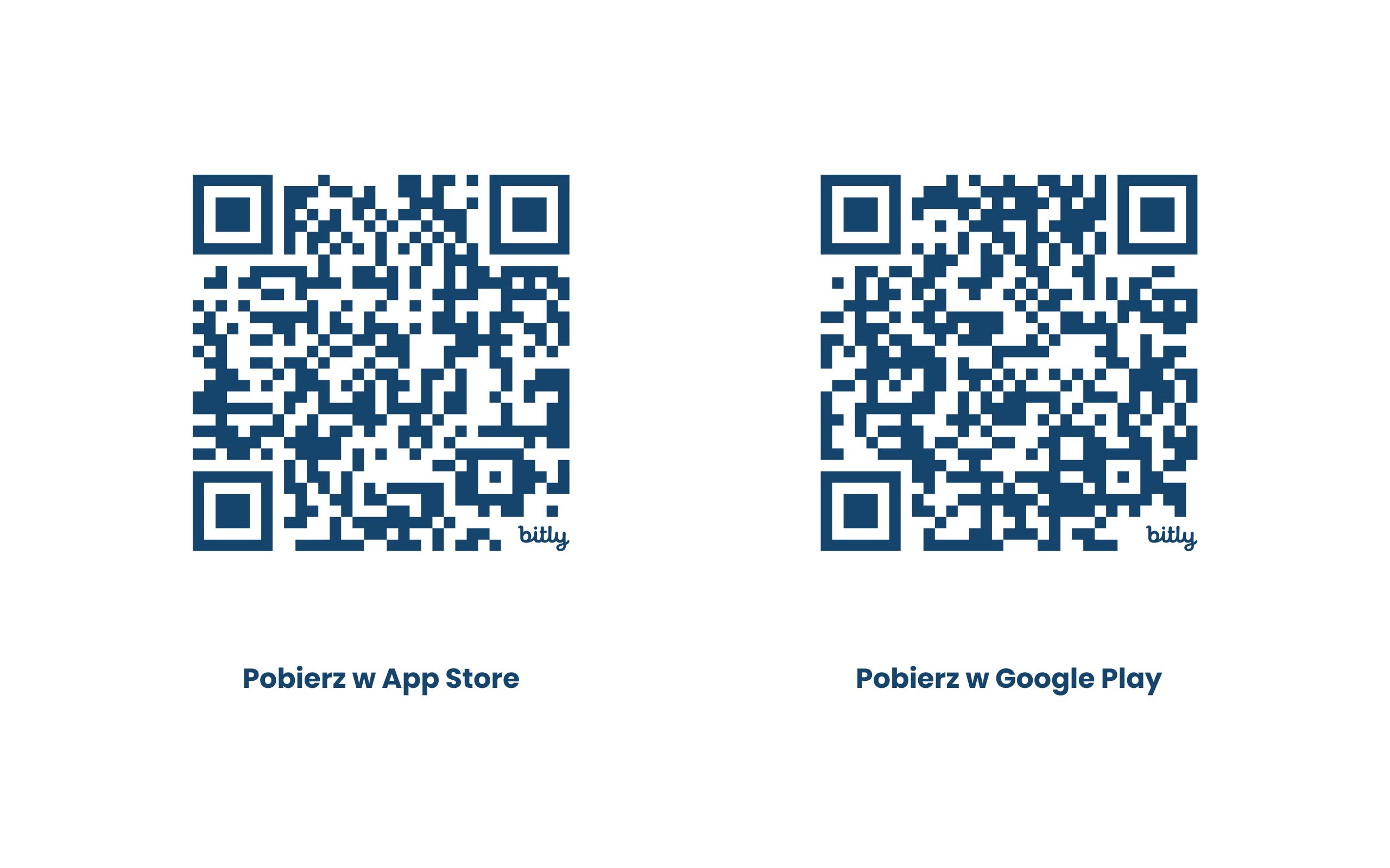 Two blue QR codes side by side with Polish download prompts: “Pobierz w App Store” and “Pobierz w Google Play.”
