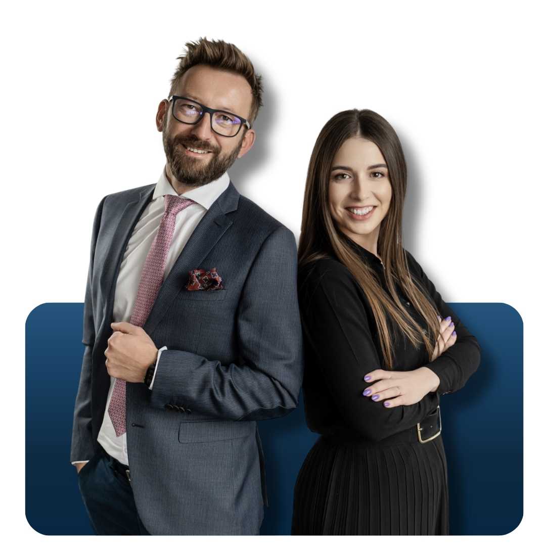 Two professionals stand back-to-back: a man in a gray suit and pink tie, and a smiling woman in a black dress with folded arms, against a blue rounded background.