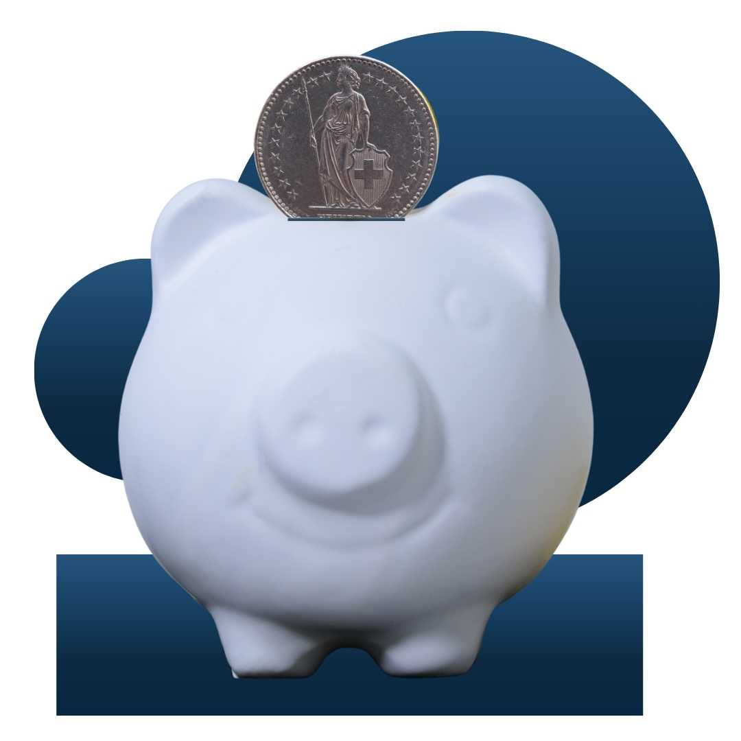 White piggy bank with a coin resting on its slot, against blue geometric shapes in the background, illustrating saving money