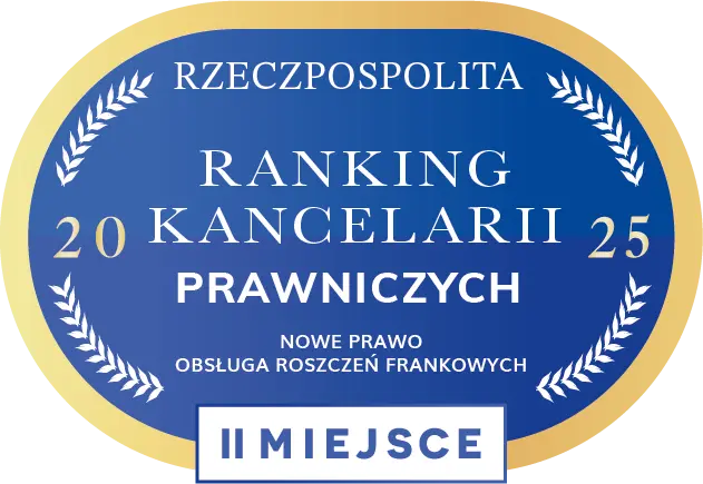 Logo rankingu kancelarii prawnych „Rzeczpospolita 2025” z niebiesko-złotą tarczą i laurem. W centrum napis: „Ranking Kancelarii Prawniczych 2025”, poniżej kategoria „Nowe Prawo – Obsługa roszczeń frankowych” oraz oznaczenie „II miejsce”.