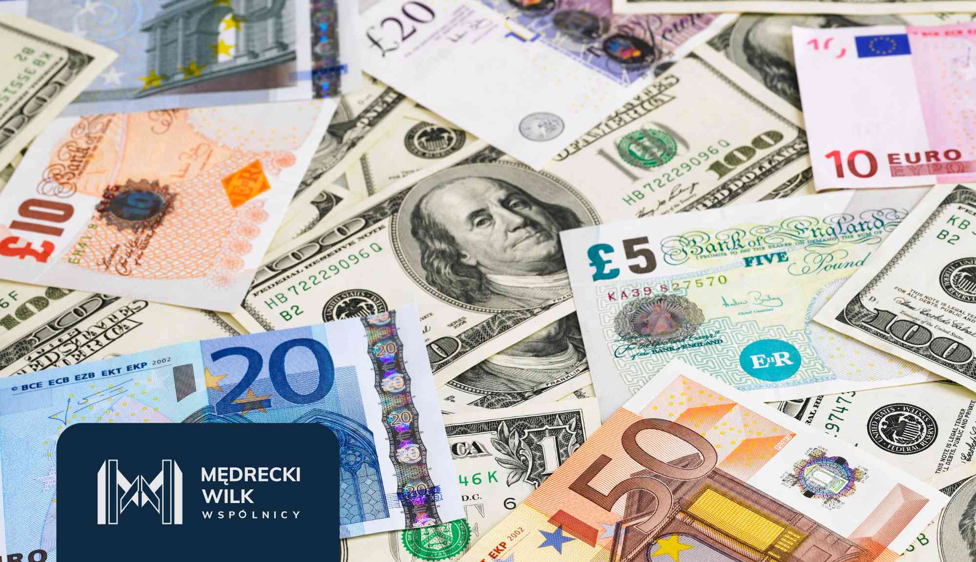 Pile of assorted international banknotes (USD, EUR, GBP, etc.) scattered across the image with a dark blue corner panel showing the Medrecki Wilk logo.