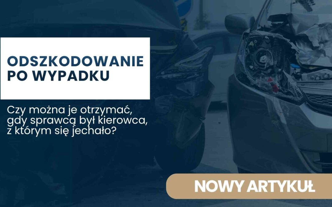 Banner in Polish about accident compensation, featuring a white-text block reading 'ODSZKODOWANIE PO WYPADKU' over a dark blue background with a damaged car in the background.