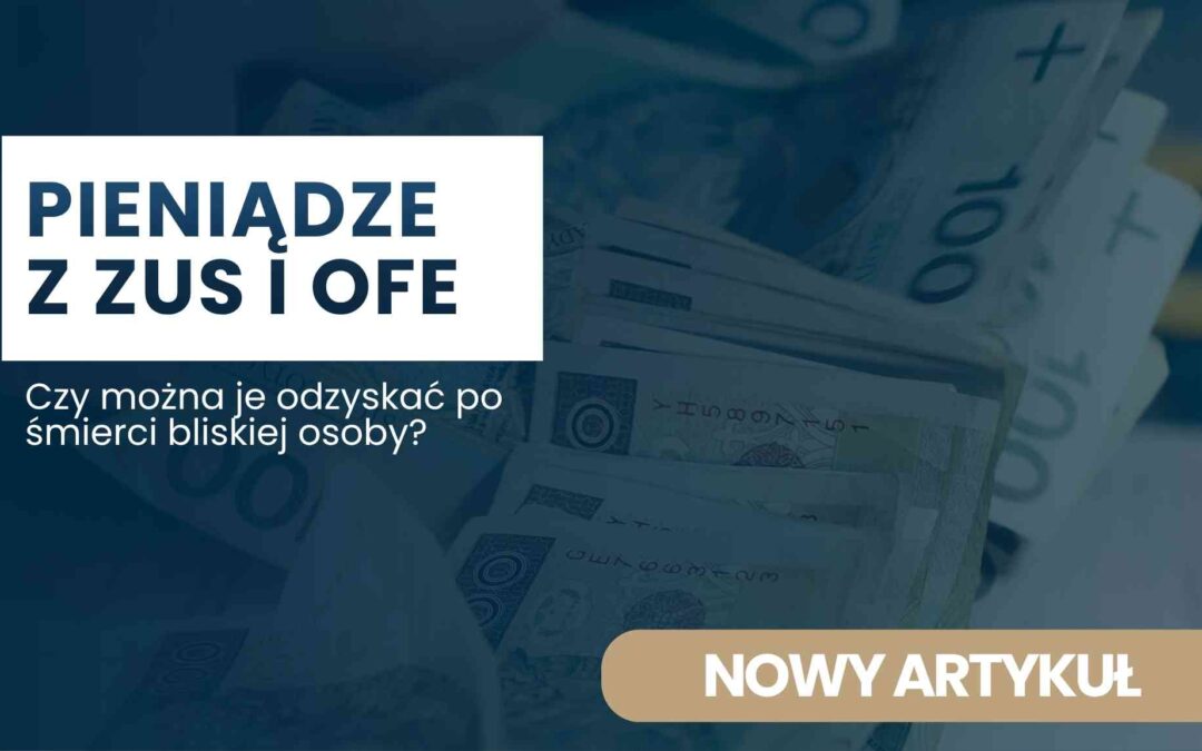 Banner about money from ZUS and OFE with a background of banknotes and a beige rounded button that says NOWY ARTYKUŁ.