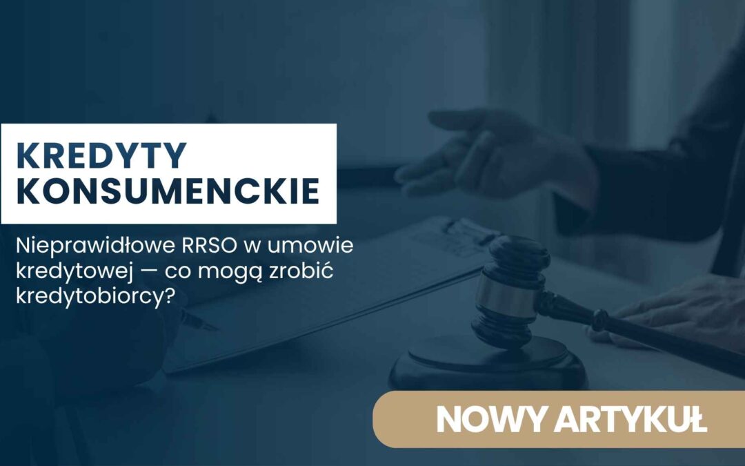 Promotional banner about consumer credit (KREDYT KONSUMENCKI) with a white text panel on a dark blue overlay and a gavel on the desk in the background