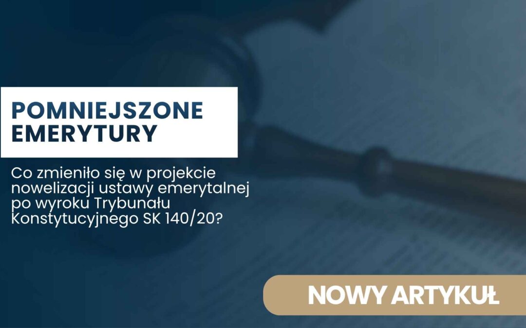 Hero banner with Polish headline 'POMNIESZONE EMERYTURY' on a white block, dark blue background, and a beige button labeled 'NOWY ARTYKUŁ' (informational promo for a new article).
