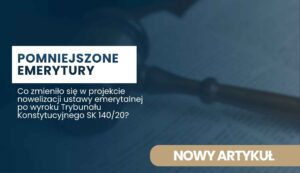 Hero banner with Polish headline 'POMNIESZONE EMERYTURY' on a white block, dark blue background, and a beige button labeled 'NOWY ARTYKUŁ' (informational promo for a new article).