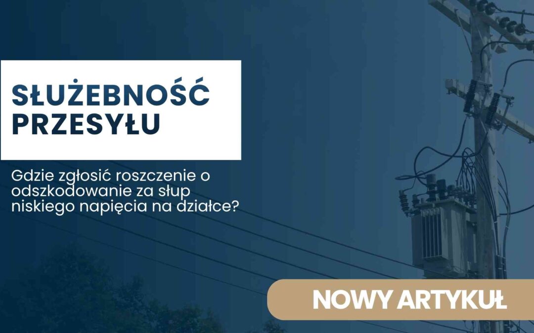 Blue banner featuring an electricity distribution scene on the right and a white rectangular block with the Polish title 'Służebność przesyłu'.