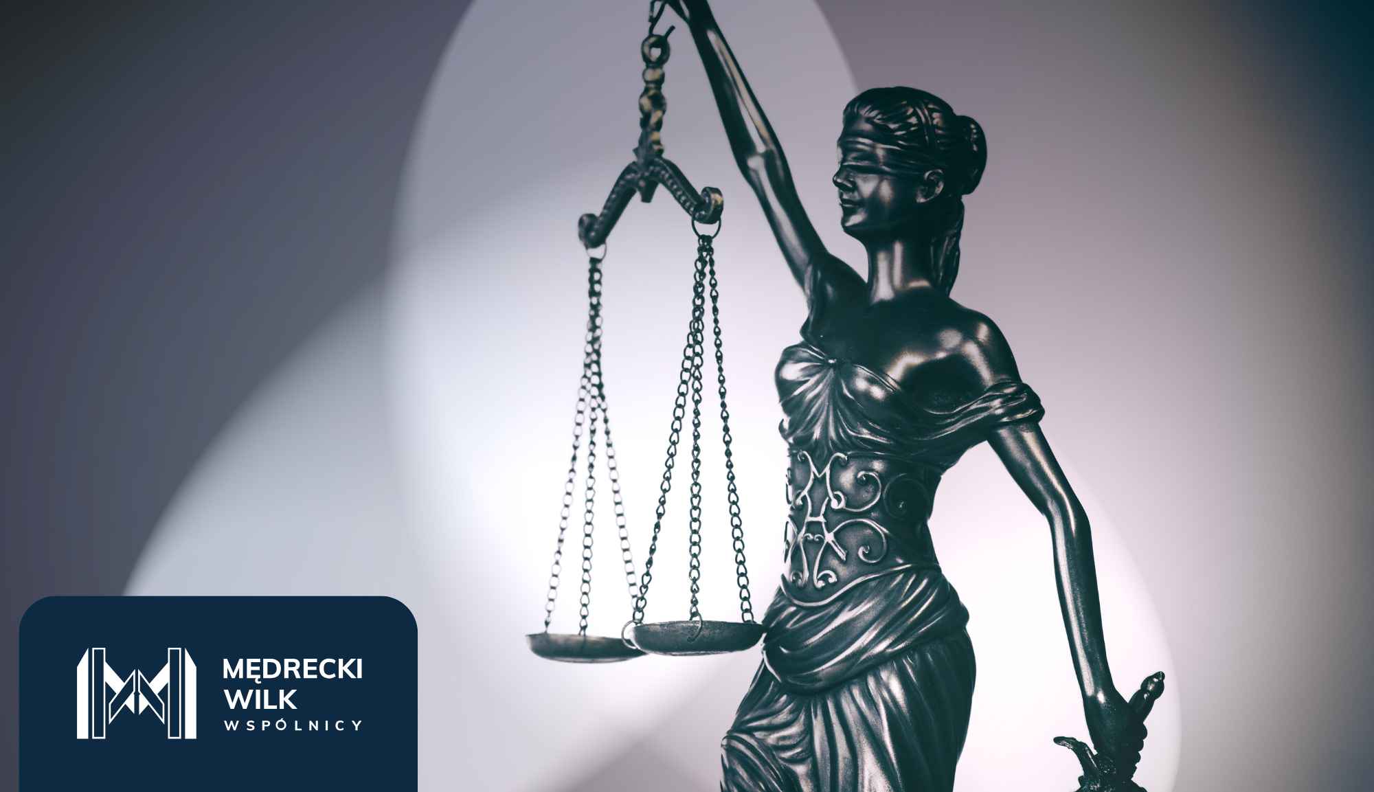Statue of Lady Justice holding scales with a gradient background and a navy branding block in the bottom left corner.