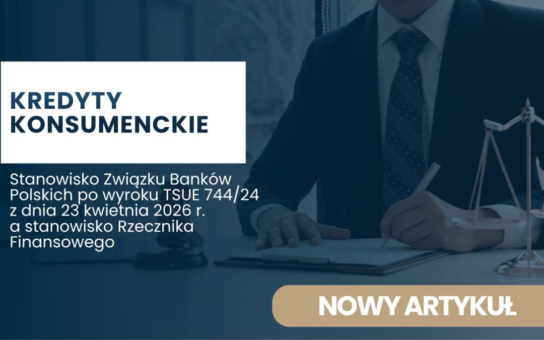 Blue-tinted hero banner with the headline 'KREDYTY KONSUMENCKIE' and a scales-of-justice motif on the right, suggesting financial regulation.