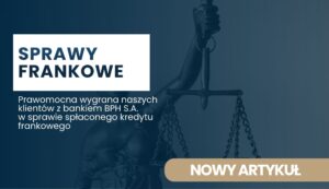 Banner with scales of justice on the right and a white block reading 'SPRAWY FRANKOWE'; Polish subtitle about clients and a loan case is visible in the background.