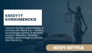 Polish banner with headline 'KREDYTY KONSUMENTCKIE' and 'NOWY ARTYKUŁ' ribbon; background shows Lady Justice with scales and a gavel.