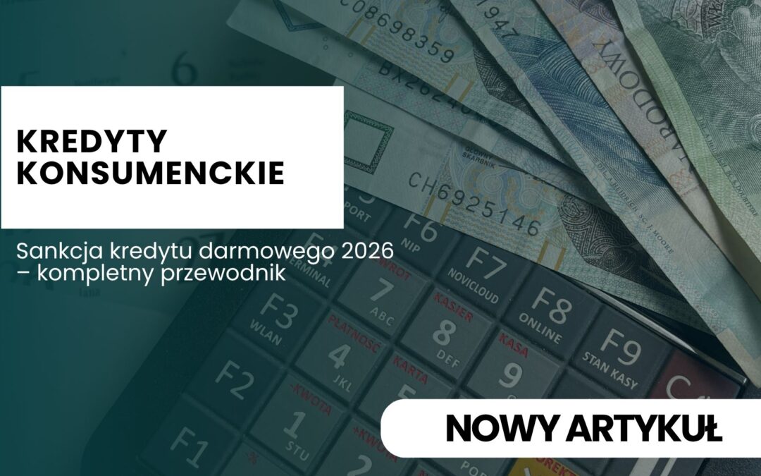 Hero banner about consumer loans: bold Polish title 'KREDYTY KONSUMENCKIE' on a white panel over a teal overlay with money and keyboard imagery in the background.